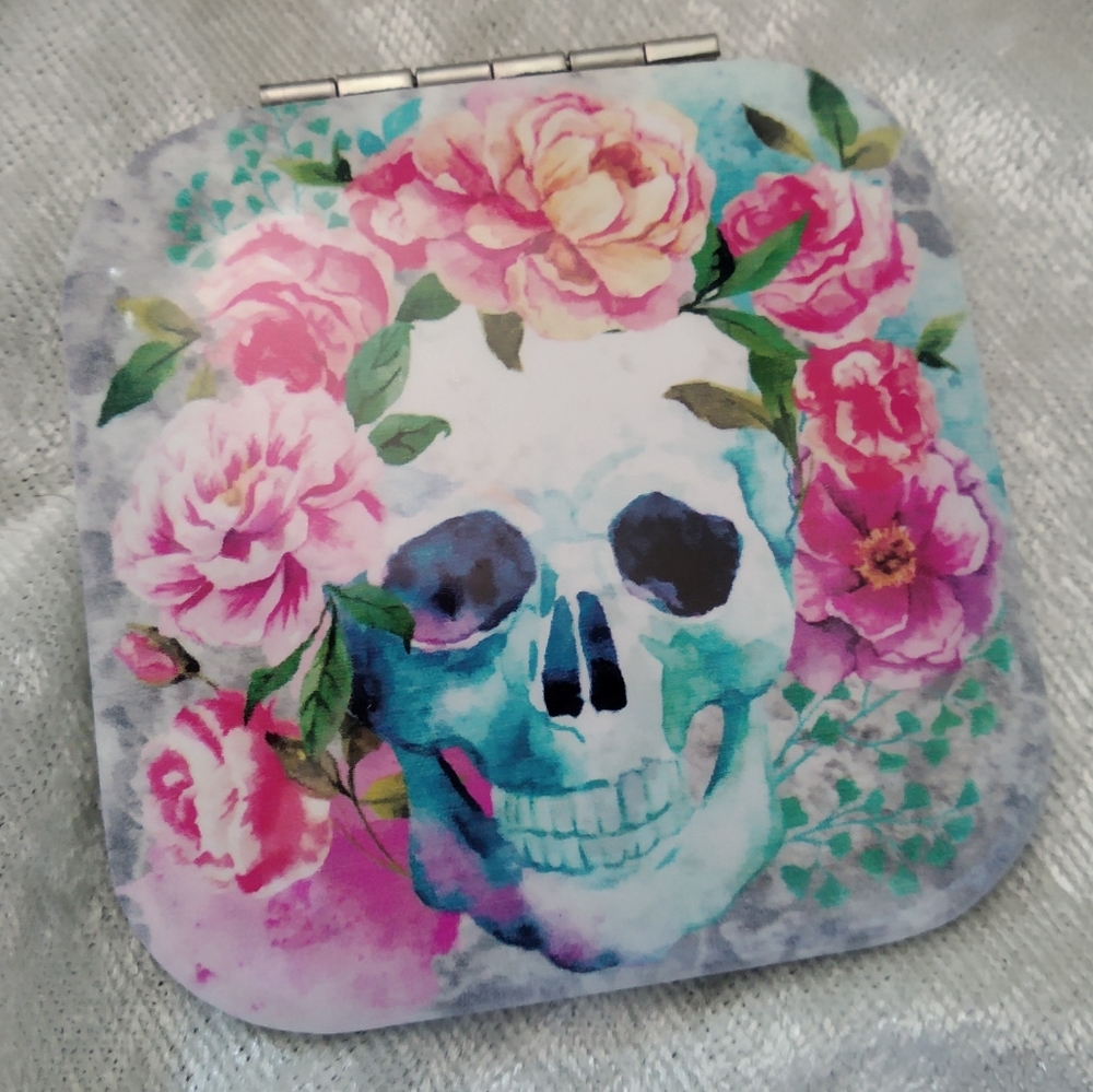 Floral skull compact mirror - blue & pink square